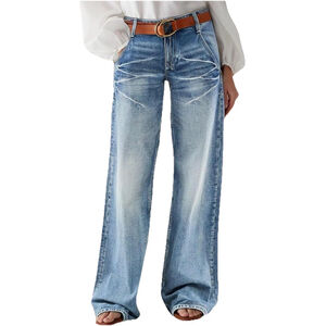 Flamingals Wide Leg Jeans for Women Mid Waist Baggy Stitch Decor Denim Pants 3XL